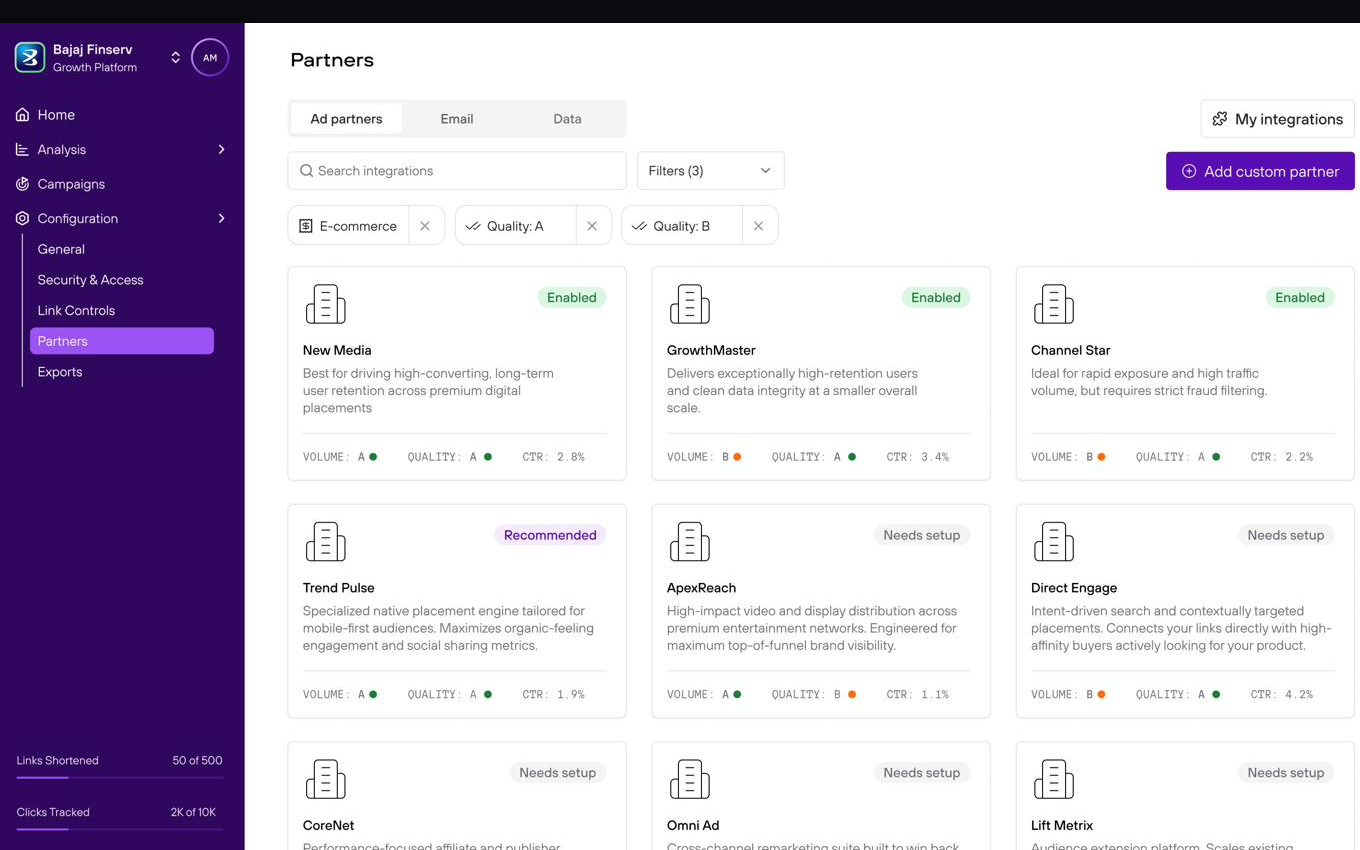 Partner directory screen in light theme showing ad partner cards in a three-column grid with status badges for enabled and needs-setup states, volume and quality grades, and click-through rate metrics, demonstrating the same design system applied to a different product surface